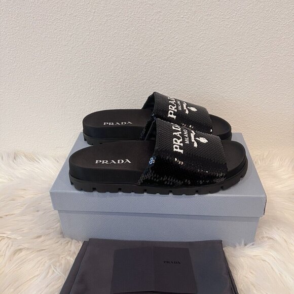 Prada Sequin Logo Paillettes Slide Monolith Plaque Lug Pool Flat 40 - Picture 7 of 10
